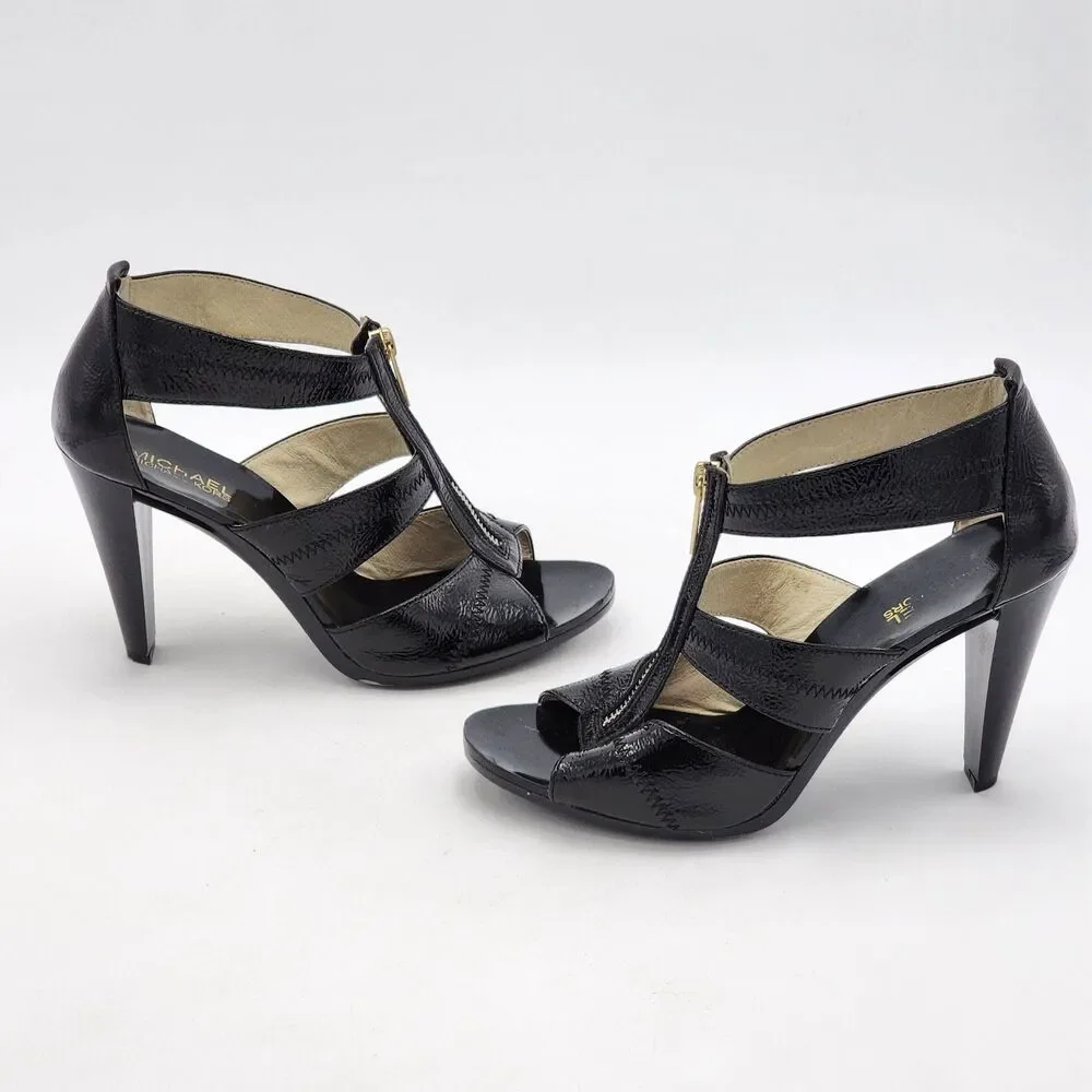 Michael Kors Zipper Patent Leather Strappy Peep Toe Heels Black Gold Size 8.5